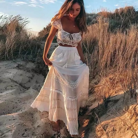 Dresses & Skirts - Boho skirt white cream crochet pockets maxi long womens clothing